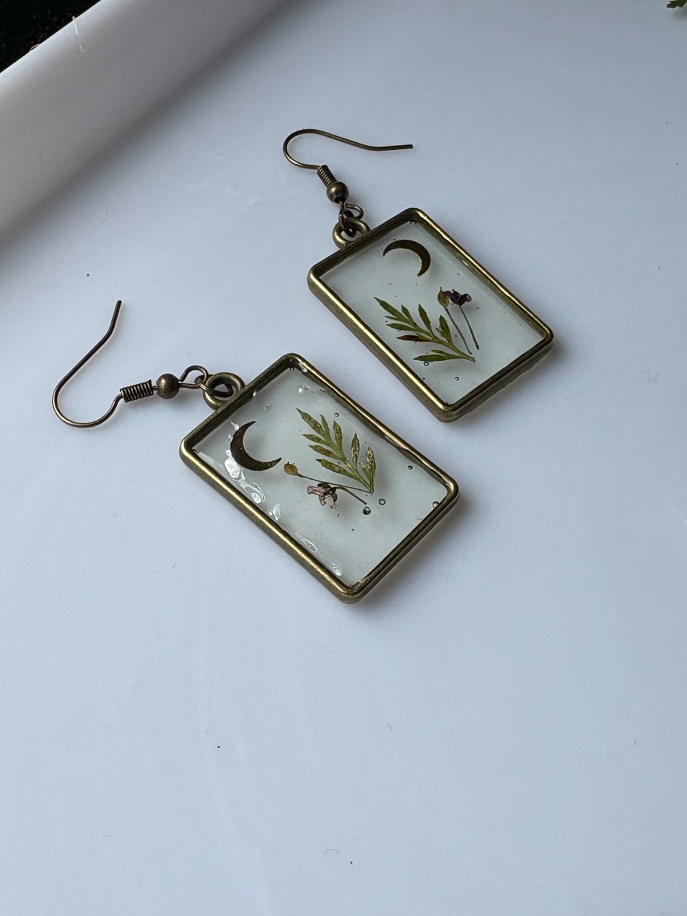 Handmade Botanical Moon Rectangle Drop Earrings